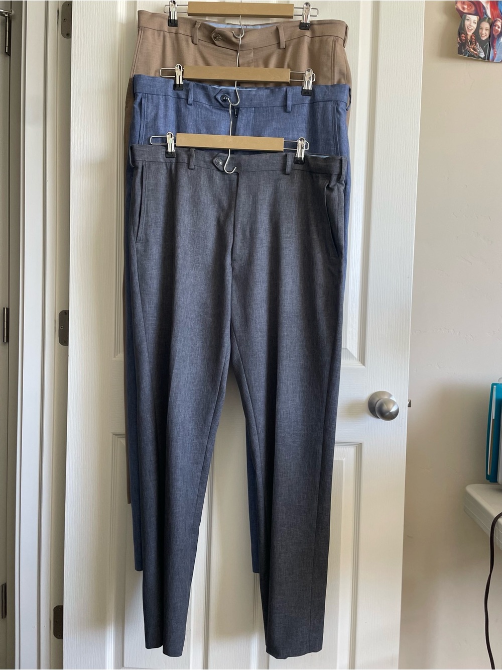 Roundtree & Yorke Dress Pants Trio in Brown, Blue, and Gray. 36x32